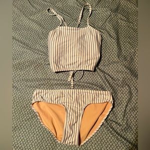 2 piece white and blue stripped swimsuit